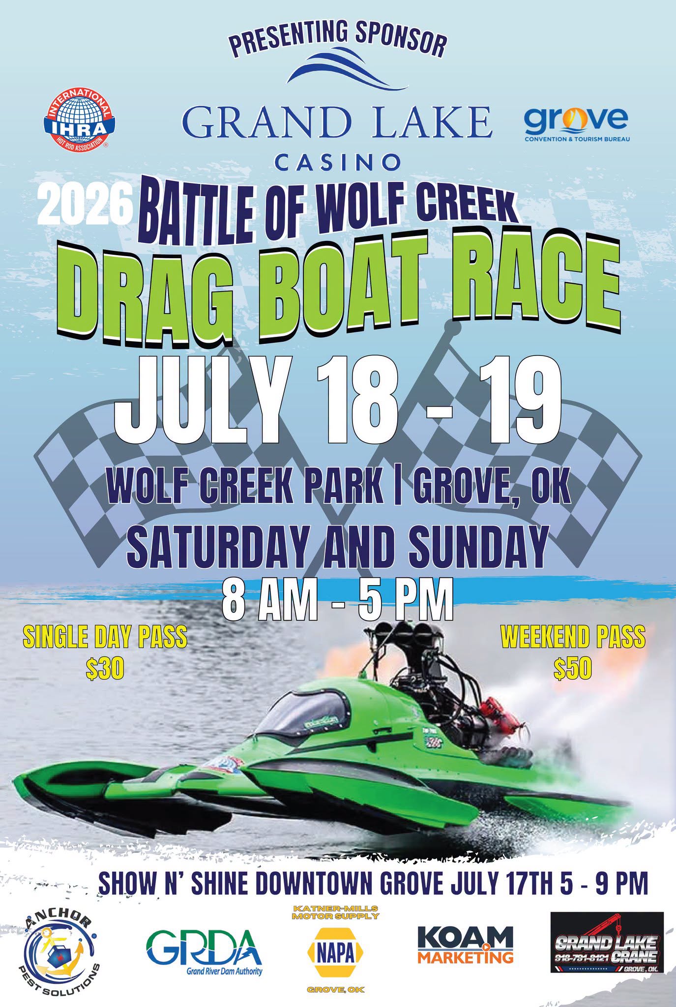 2026 Battle of Wolf Creek Drag Boat Race – IHRA Outlaw Drag Boat Series – July 18–19, Wolf Creek Park, Grove OK – Presented by Grand Lake Casino