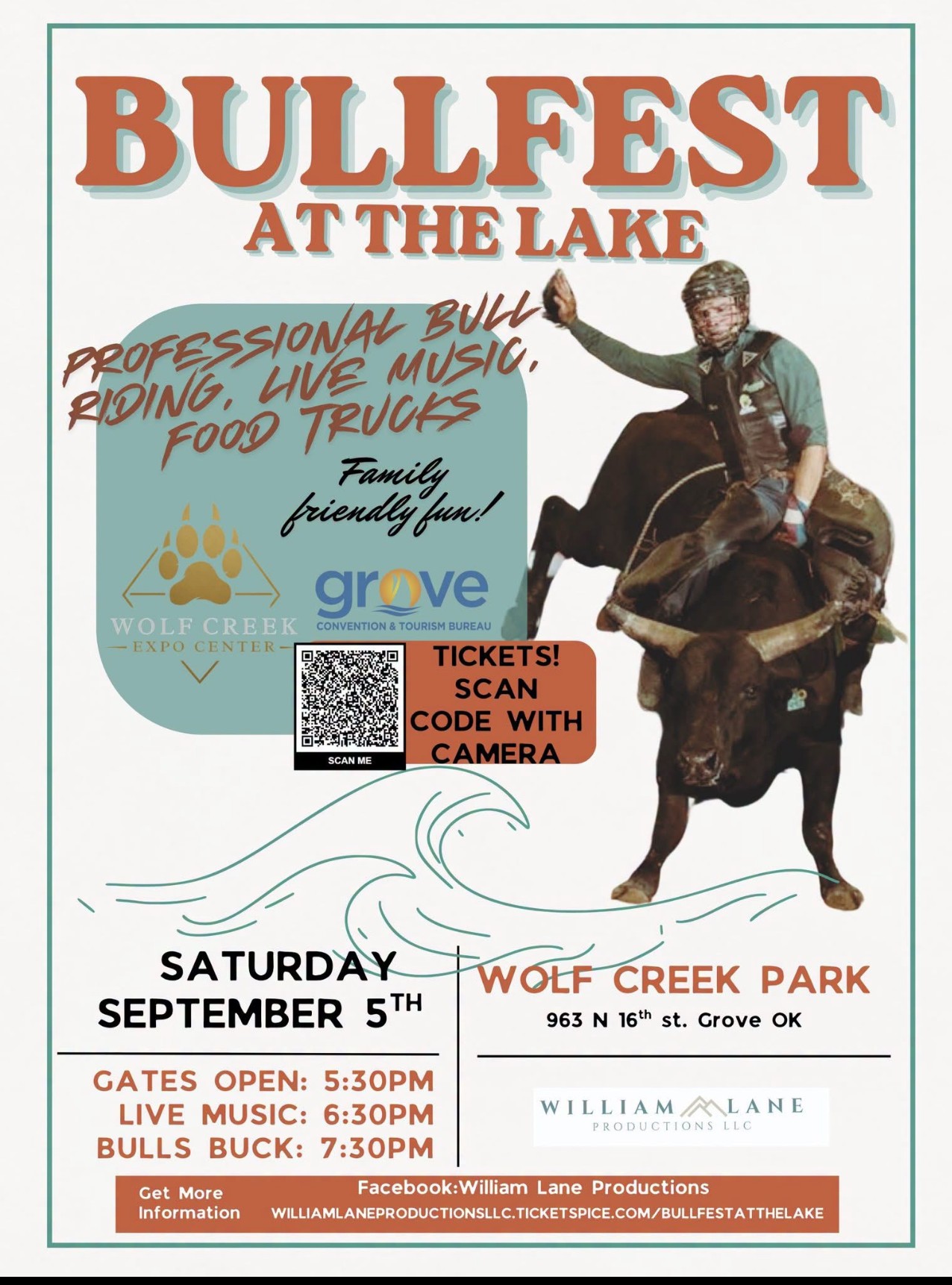 Bullfest at the Lake professional bull riding, live music, and food trucks — Saturday, September 5, 2026 at Wolf Creek Park in Grove, Oklahoma.