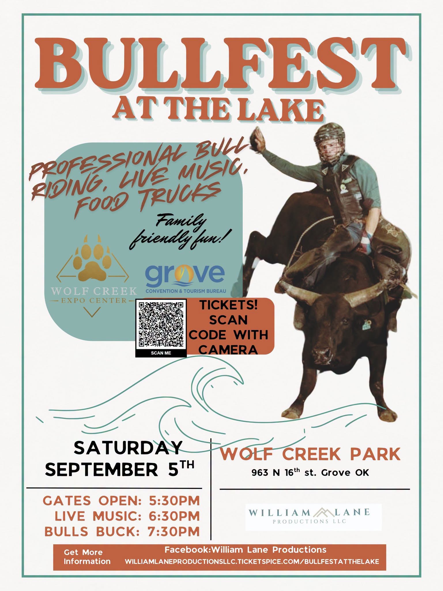 Bullfest at the Lake – Professional Bull Riding, Live Music, Food Trucks. Saturday, September 5, Wolf Creek Park, Grove OK.