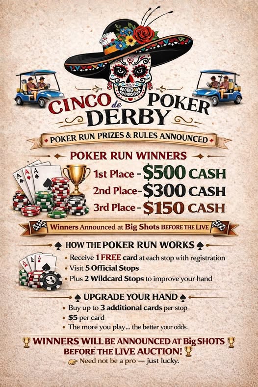 Cinco de Poker Derby 2026 Poker Run Cash Prizes – $500, $300, $150