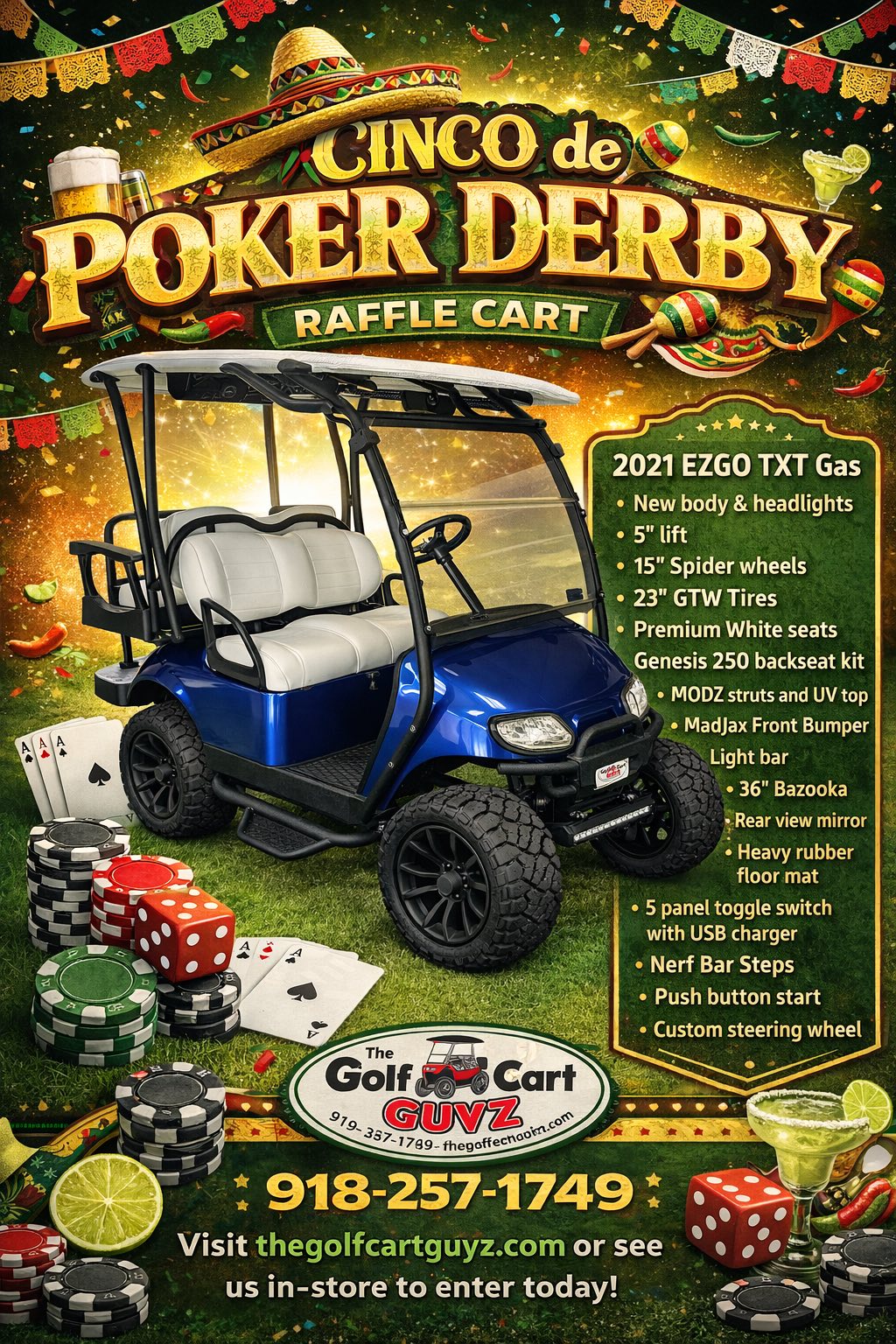 Cinco de Poker Derby Raffle Cart – Custom 2021 EZGO TXT Gas by Golf Cart Guyz