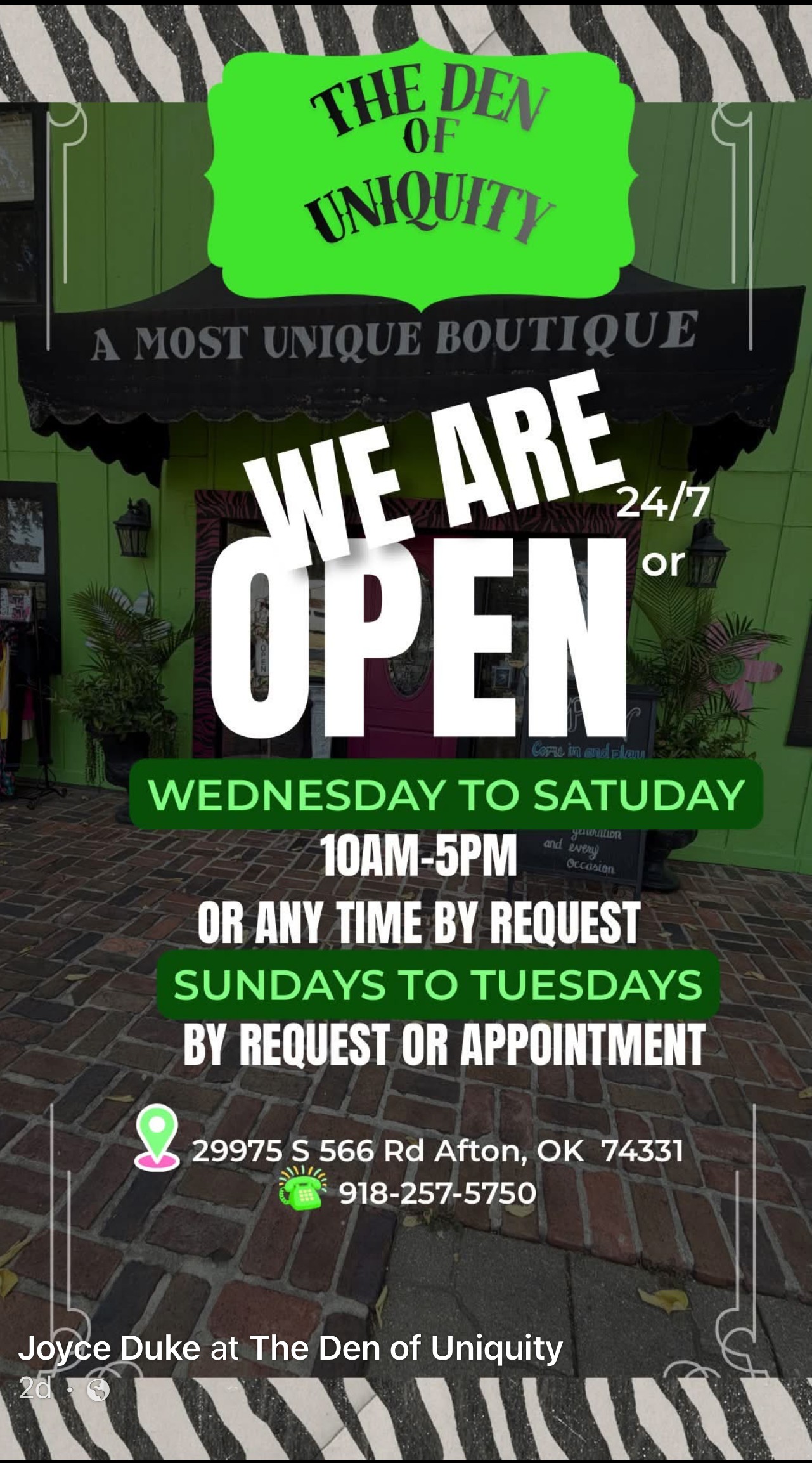 The Den of Uniquity boutique in Afton, Oklahoma. Open Wednesday through Saturday from 10 a.m. to 5 p.m., with Sunday through Tuesday available by request or appointment.