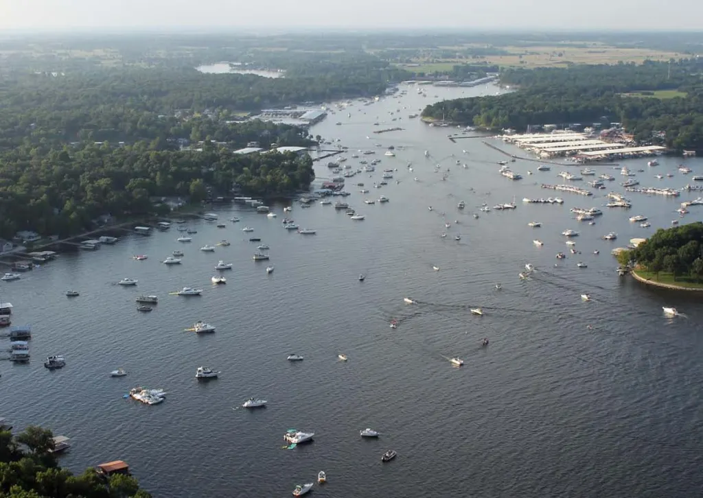 Aerial view of busy Duck Creek at Grand Lake