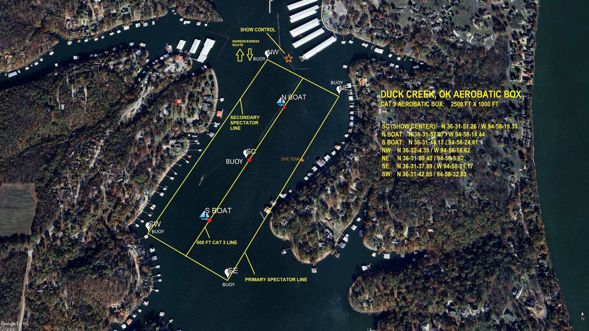 Duck Creek Aerobatic Box Map – Cat 3 Box 2500ft x 1000ft, Duck Creek Grand Lake OK