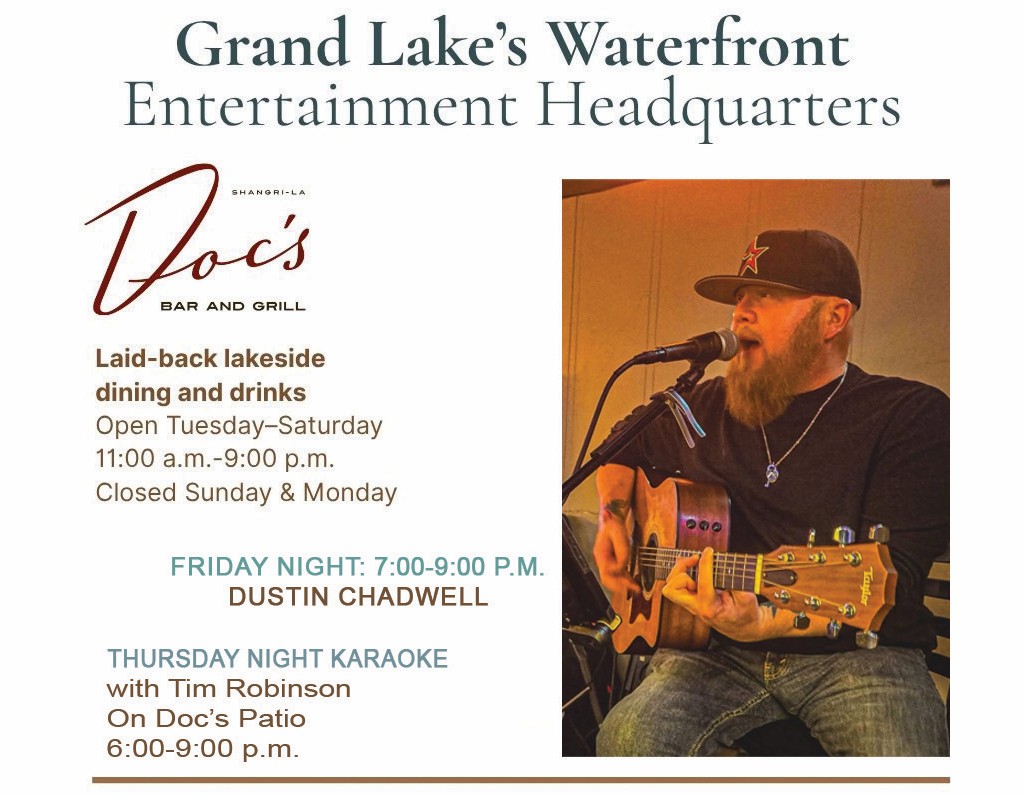 Doc's Bar & Grill at Shangri-La – Entertainment July 23–24, 2026: Thursday Night Karaoke with Tim Robinson on Doc's Patio (6:00–9:00), Friday Night Dustin Chadwell (7:00–9:00)