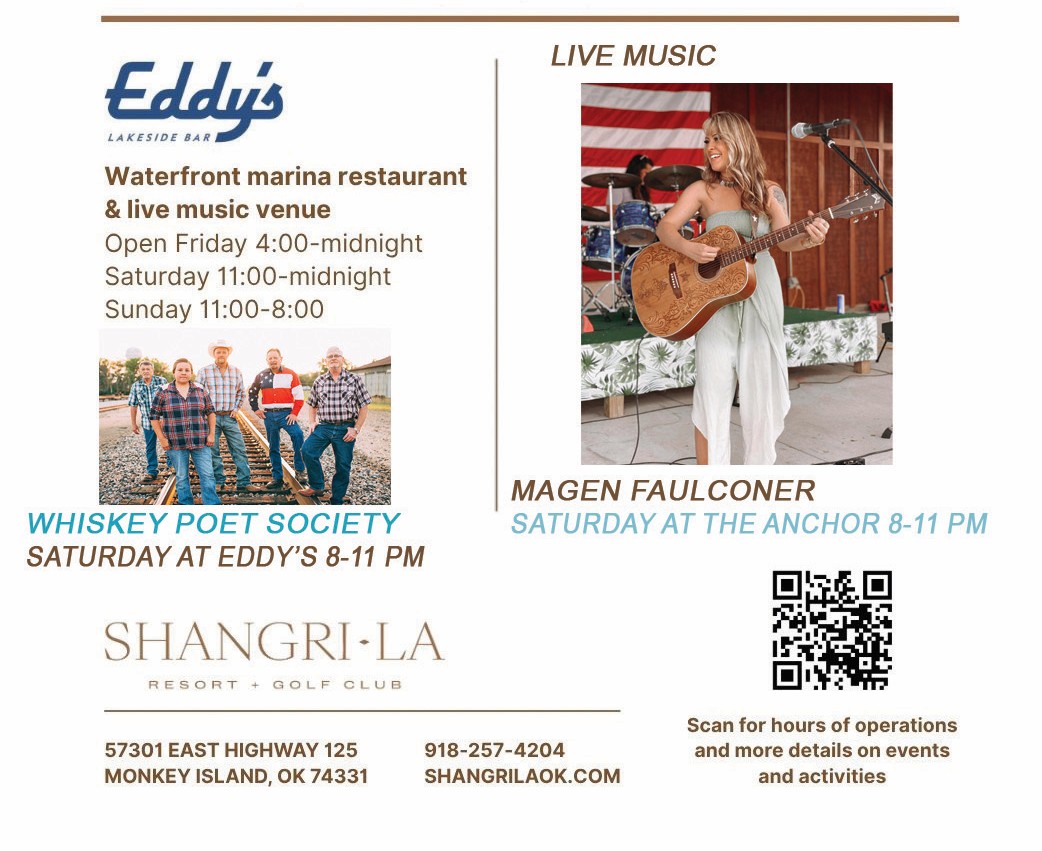 Eddy's Lakeside Bar at Shangri-La – Saturday August 15: Whiskey Poet Society at Eddy's 8–11 PM · Magen Faulconer at The Anchor 8–11 PM