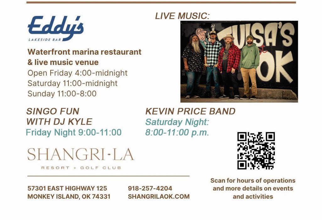 Eddy's Lakeside Bar at Shangri-La – Entertainment July 24–25, 2026: Singo Fun with DJ Kyle Friday Night (9:00–11:00), Kevin Price Band Saturday Night (8:00–11:00)