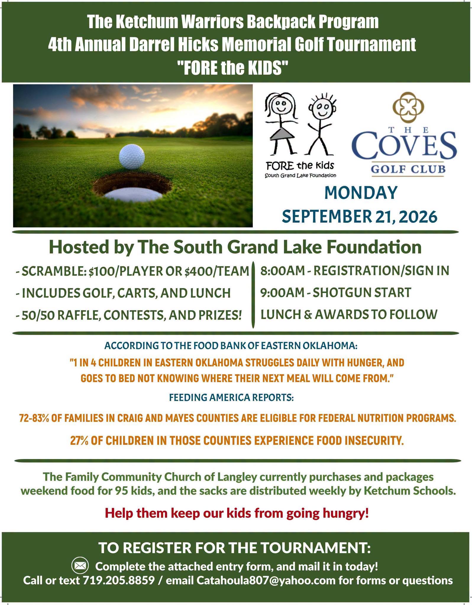 Fore the Kids Golf Tournament – The Ketchum Warriors Backpack Program's 4th Annual Darrel Hicks Memorial Golf Tournament – Monday, September 21, 2026 at The Coves Golf Club