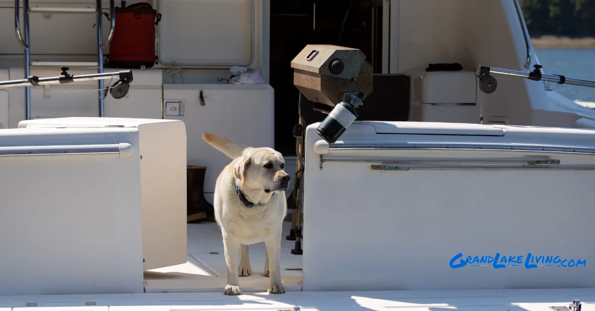 Dog aboard a boat on Grand Lake.
