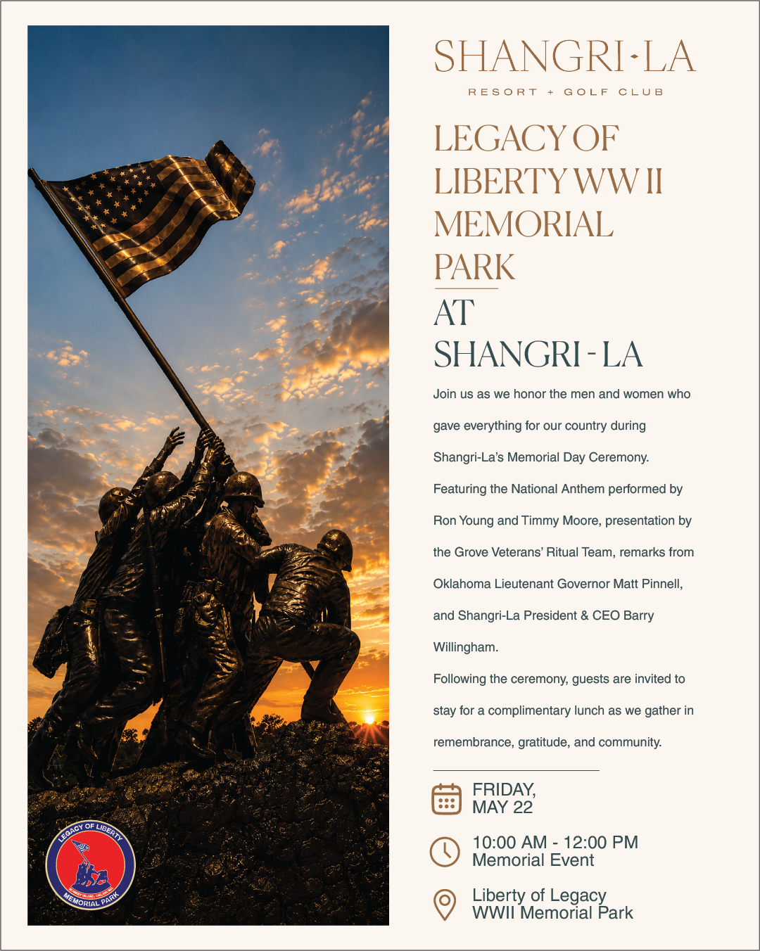 Legacy of Liberty WW II Memorial Park at Shangri-La — Memorial Day Ceremony Friday May 22, 2026