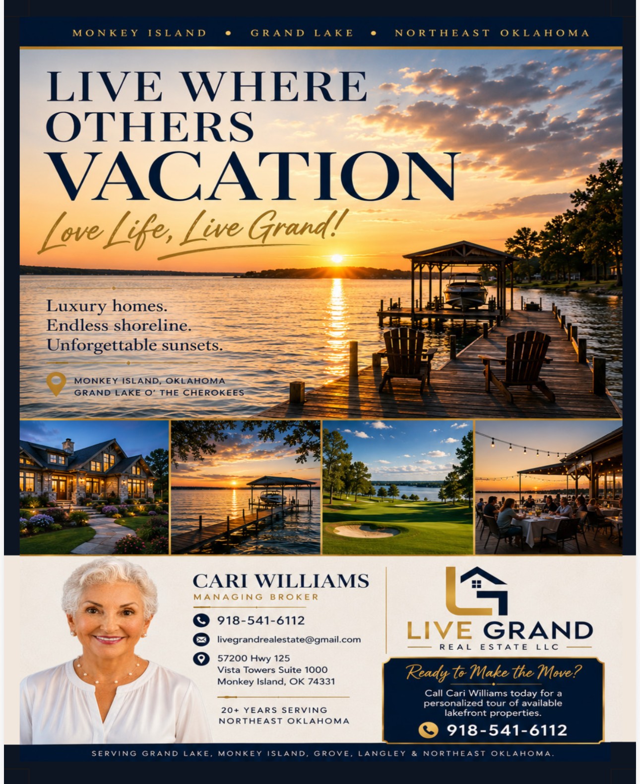 Live Grand Real Estate LLC – Cari Williams, Managing Broker. Luxury lakefront homes on Monkey Island, Grand Lake, and Northeast Oklahoma. Call (918) 541-6112.