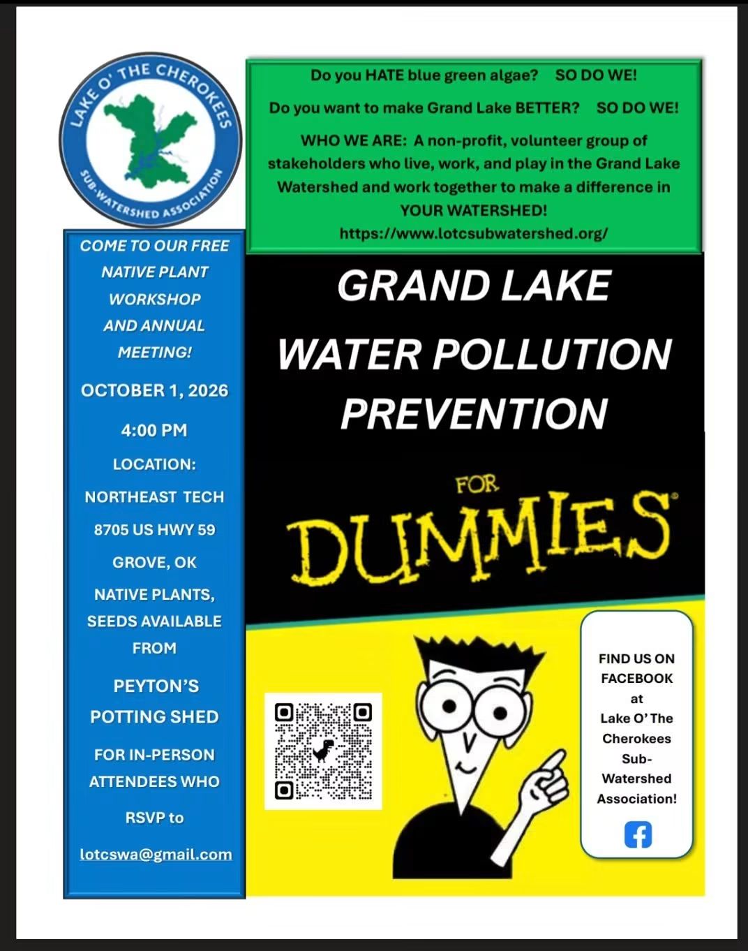 Grand Lake Water Pollution for Dummies free native plant workshop and annual meeting on October 1, 2026, at Northeast Tech in Grove, Oklahoma.