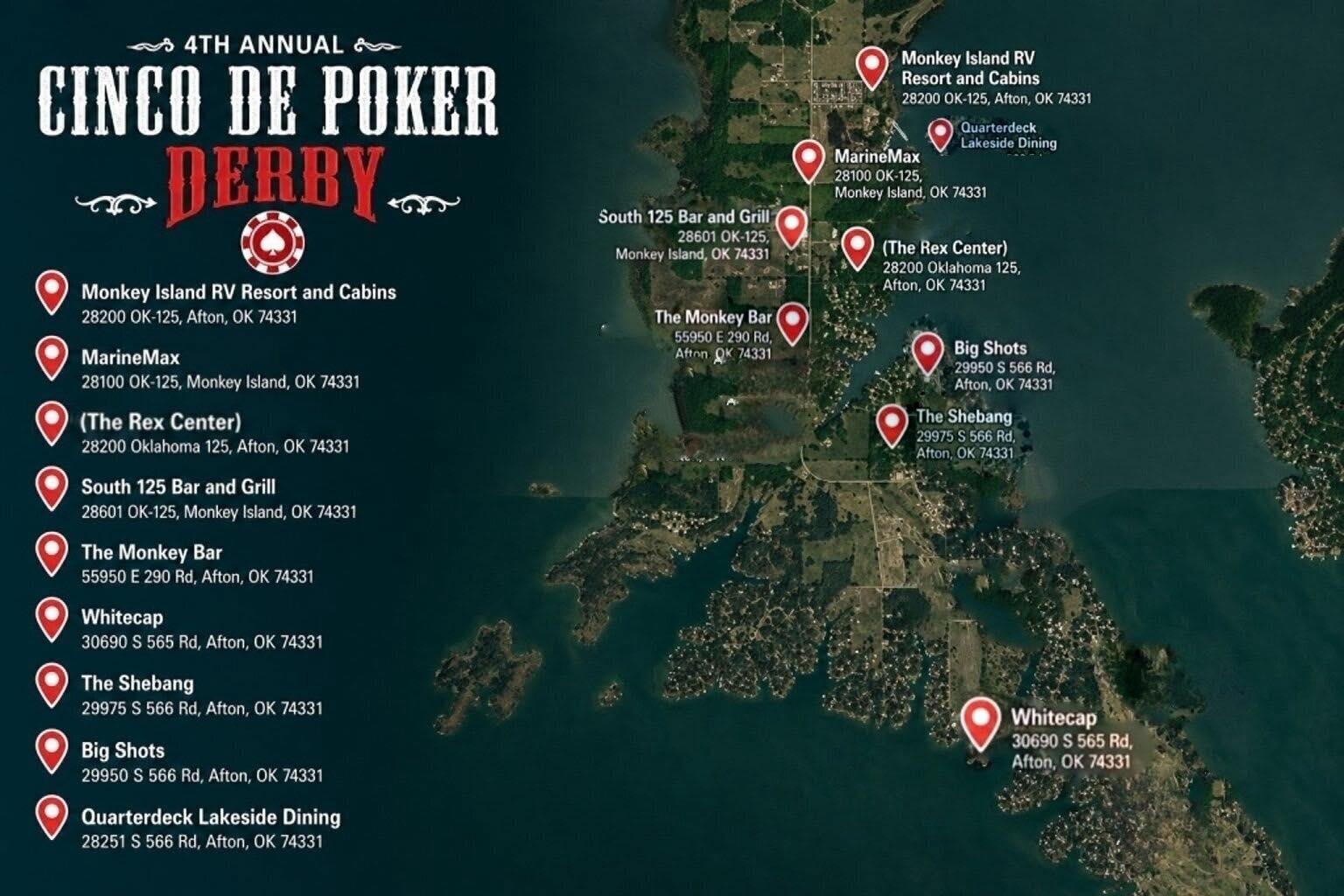 4th Annual Cinco de Poker Derby – Monkey Island Route Map with all 9 stops