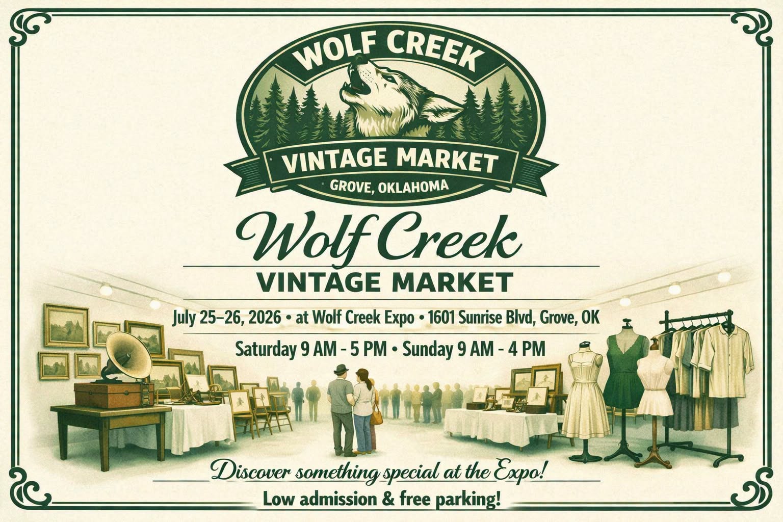 Wolf Creek Vintage Market – July 25–26, 2026 – Wolf Creek Expo, 1601 Sunrise Blvd, Grove, OK